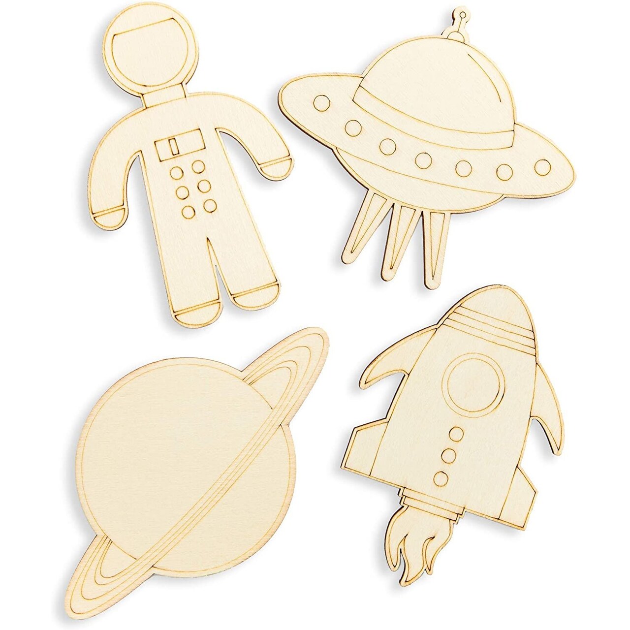 24 Pack Unfinished Wood Cutouts for Outer Space Crafts, Wooden UFO, Astronaut, Planet, Rocket Ship (5.5 x 4.6 In)